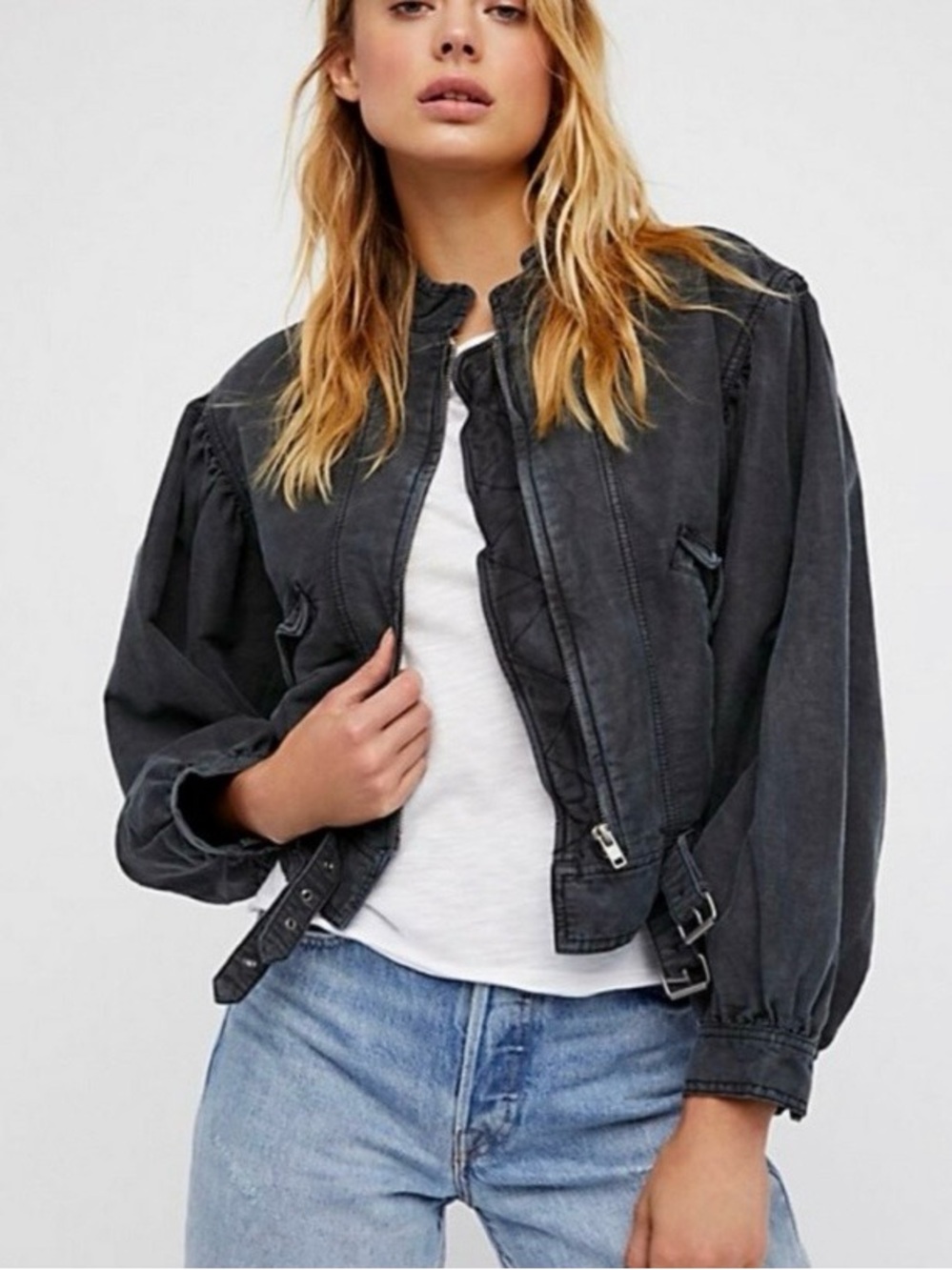Free People Washed Black Poet Bomber Jacket
